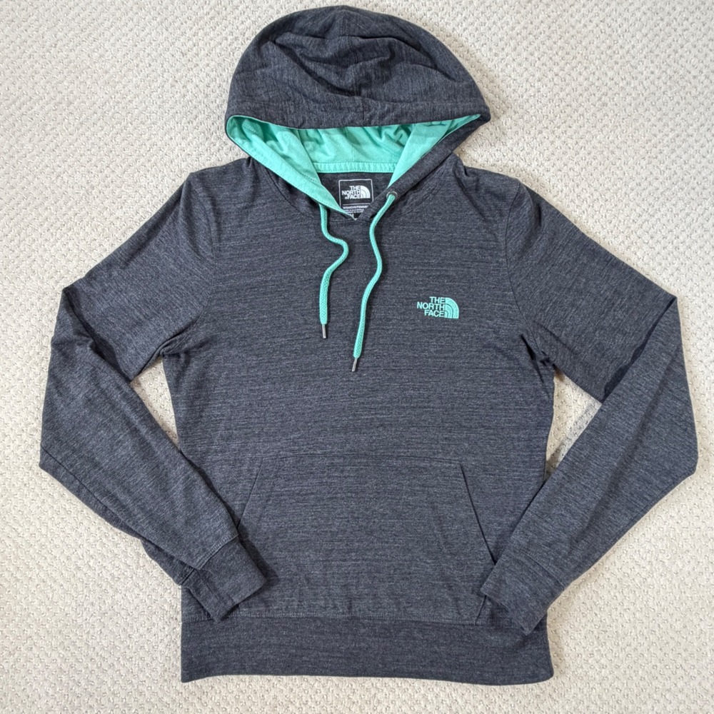 North Face Hoodie Womens Med Heathered Gray Teal Pullover Kangaroo Pocket Active